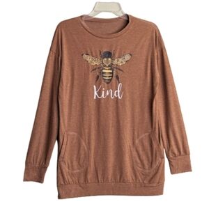 Top Heathered Tan Bee "Kind" Graphic Print Long Sleeves Pocket…